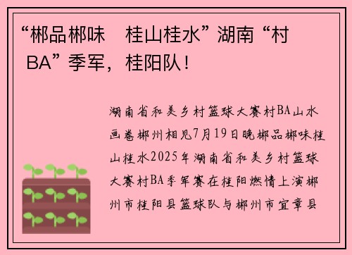 “郴品郴味・桂山桂水” 湖南 “村 BA” 季军，桂阳队！