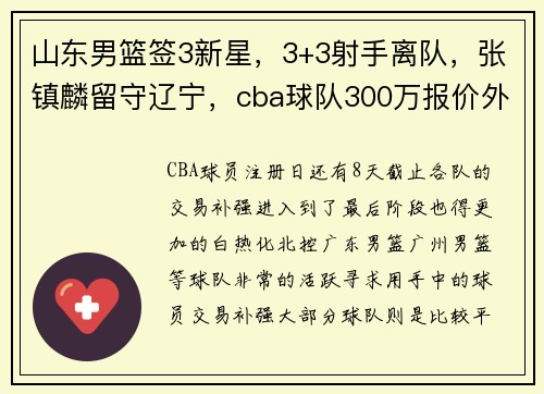 山东男篮签3新星，3+3射手离队，张镇麟留守辽宁，cba球队300万报价外援中锋
