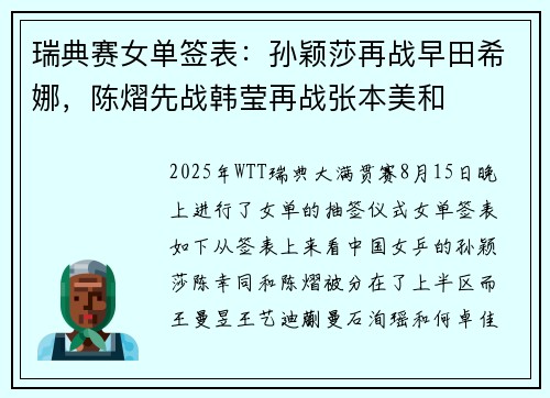 瑞典赛女单签表：孙颖莎再战早田希娜，陈熠先战韩莹再战张本美和